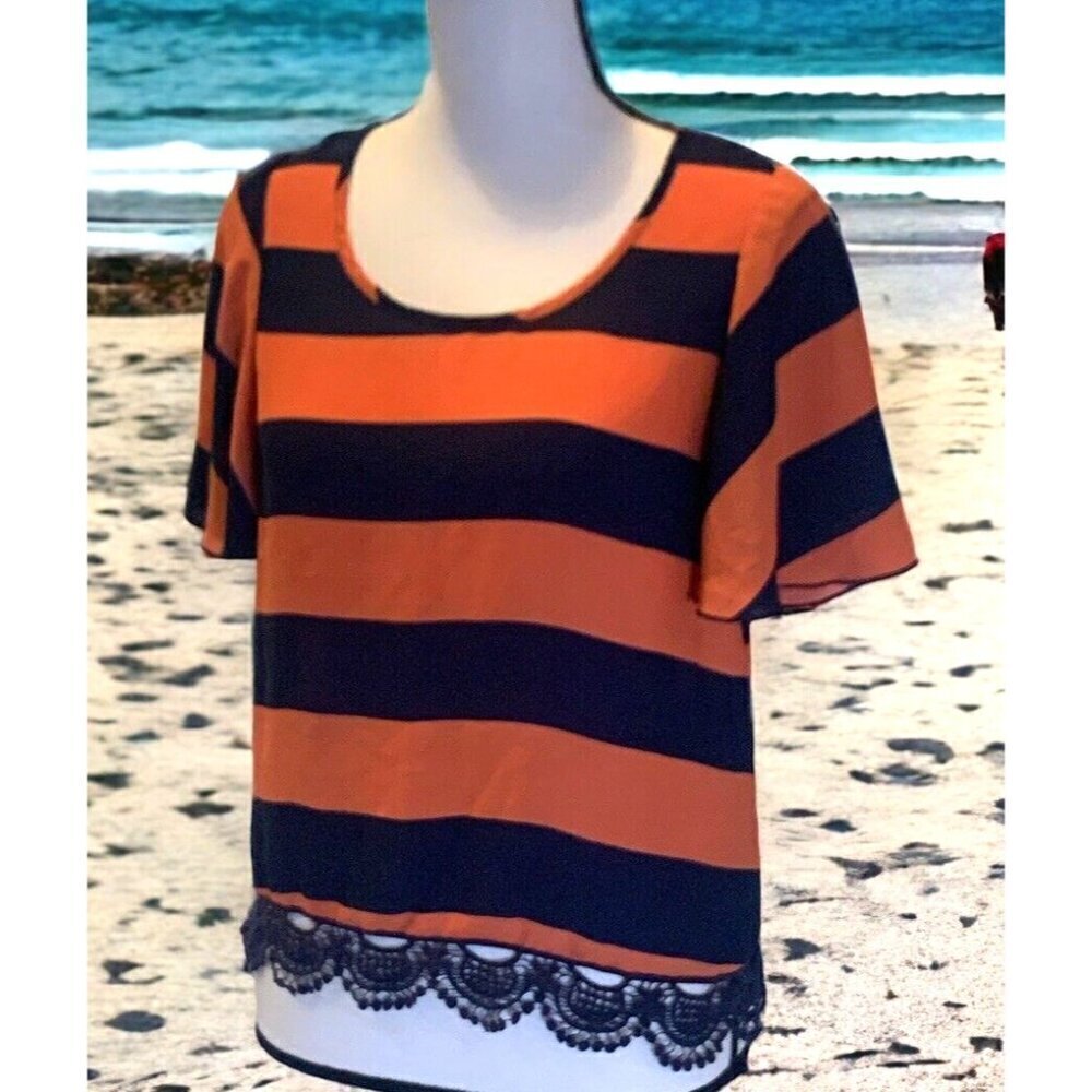 Rue 21 Womens Stripe Blouse Top Size XS Short Sleeve Lace Hem Navy Blue Orange